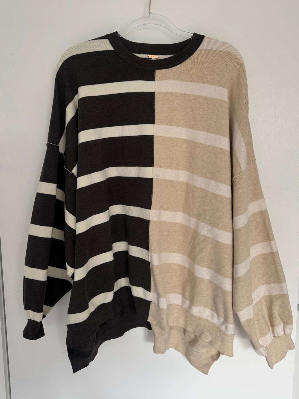 Free People Chocolate & Beige Striped Split Crewneck Sweater